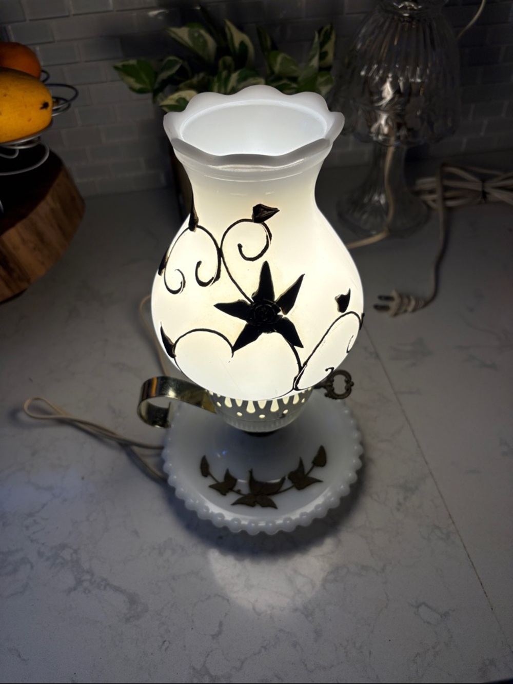 Vintage Milk Glass Lamp with Gold Floral Accents - Gone With The Wind style